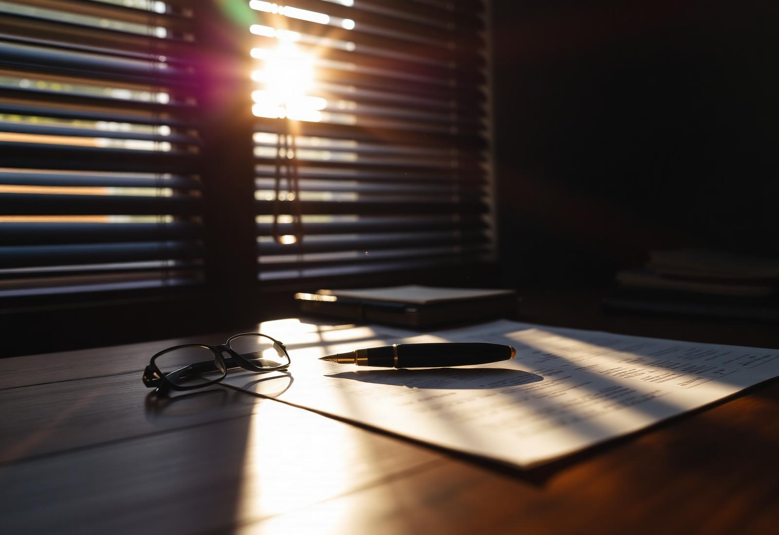 Sunlight through blinds on a CPA desk